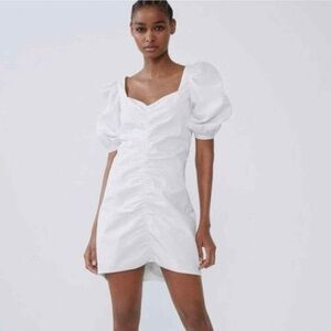 NWT ZARA | White Balloon Sleeve Mini Dress with Ruching